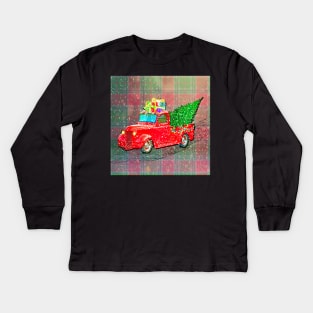 Christmas Plaid Graphic with Red Truck hauling Wrapped Presents in the Snow Cute Farmhouse Home Décor Gift Kids Long Sleeve T-Shirt